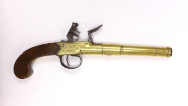 A Queen Anne style, brass cannon barrel boxlock flintlock holster pistol by Hadley of London, with