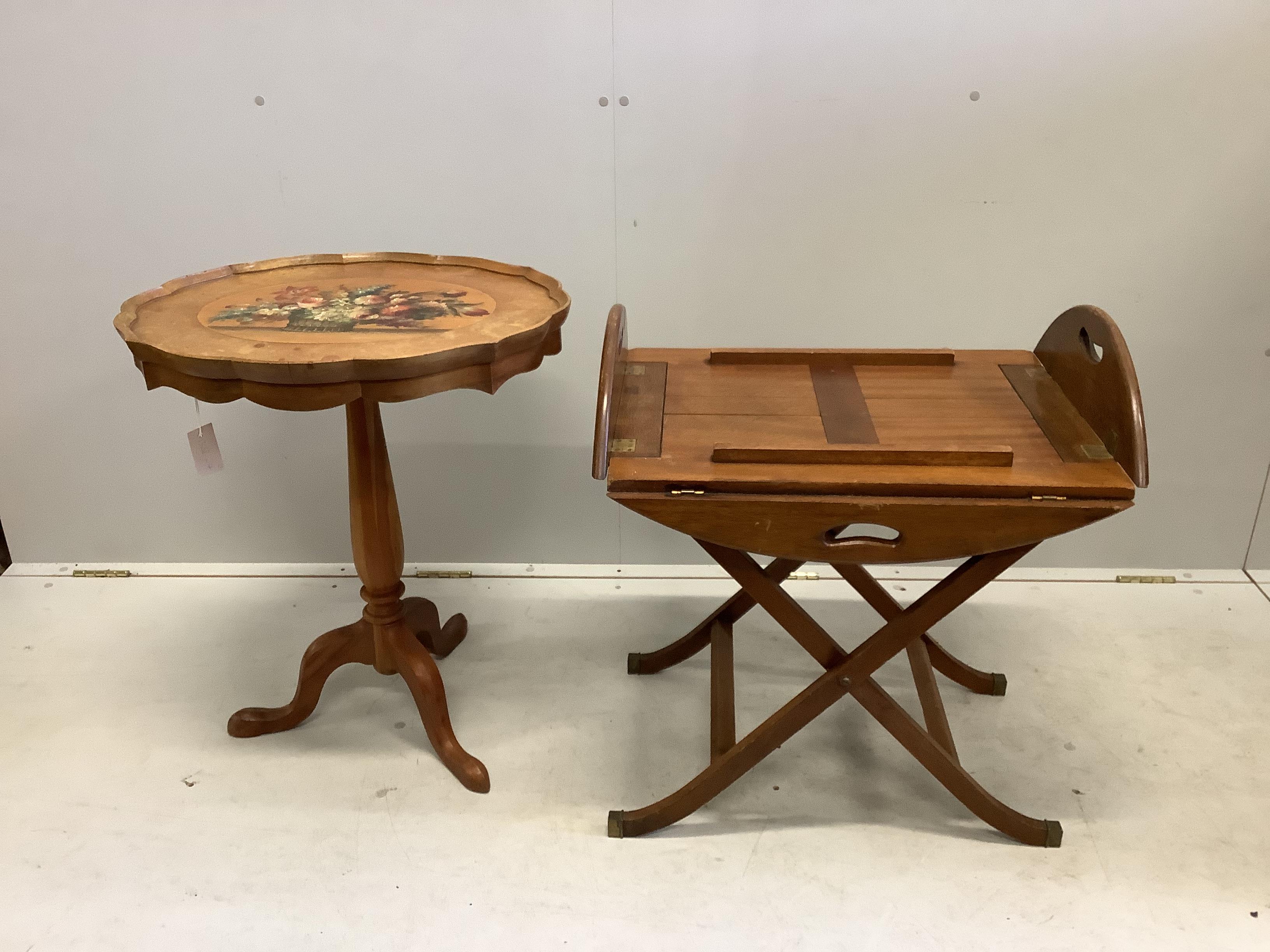 A Victorian style mahogany butler's tray on stand, width 64cm, depth 48cm, height 71cm together with