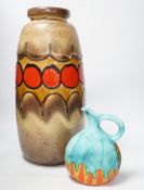 A large 1960’s West German stoneware vase and a Clarice Cliff ‘inspiration’ ewer, largest 48cm high