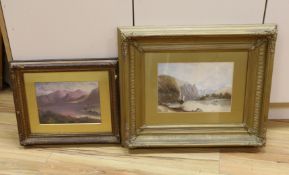 Oil on board, Mountainous lakeside landscape, together with a similar watercolour, each unsigned,