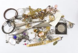 Costume jewellery and objects including a Mikimoto silver pearl spray brooch, silver gilt cufflinks,