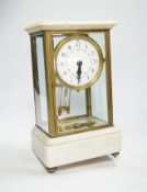 A French lacquered brass and marble, enamelled dial, four glass mantel clock, 30cm high