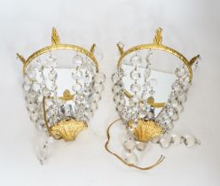 A pair of gilt mounted lustre wall lights, 23cm high