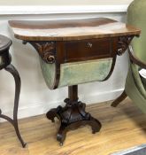 An early Victorian rosewood work table, width 69cm, depth 50cm, height 78cm