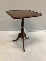 A George III square mahogany tripod wine table with associated top, width 47cm, height 66cm