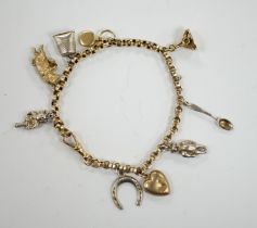 A 9ct charm bracelet, hung with nine assorted yellow and white metal charms including sterling and