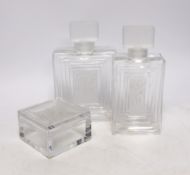 Two Lalique Duncan pattern glass scent bottles and stoppers and a matching toilet box and cover,