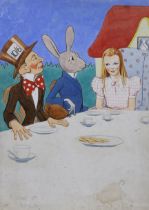 Lilian Rowles, ink and watercolour, Illustration for Alice in Wonderland, inscribed, 52 x 37cm,