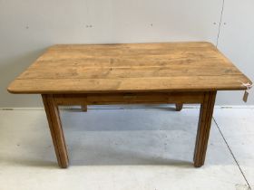 A late 19th century French rectangular oak kitchen table, width 152cm, depth 98cm, height 72cm