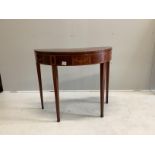 An Edwardian Sheraton Revival inlaid mahogany and marquetry D shaped card table, width 89cm, depth