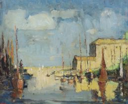 William Ludlow (fl.1930-1960), impressionist oil on board, Harbour scene with moored boats,