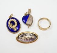 A Victorian yellow metal, blue enamel, seed pearl and rose cut diamond set oval pendant, with glazed
