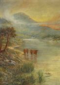 W.J.H., Scottish, oil on canvas, Mountainous landscape with highland cattle, signed with monogram,