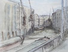 Harry Ralphs (Wapping Group), ink and watercolour, Dockland scene, inscribed verso, 27 x 36cm