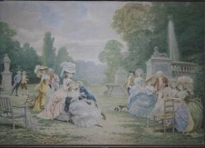 A printed machined tapestry panel depicting ladies and gallants in parkland, 79 x 114cm