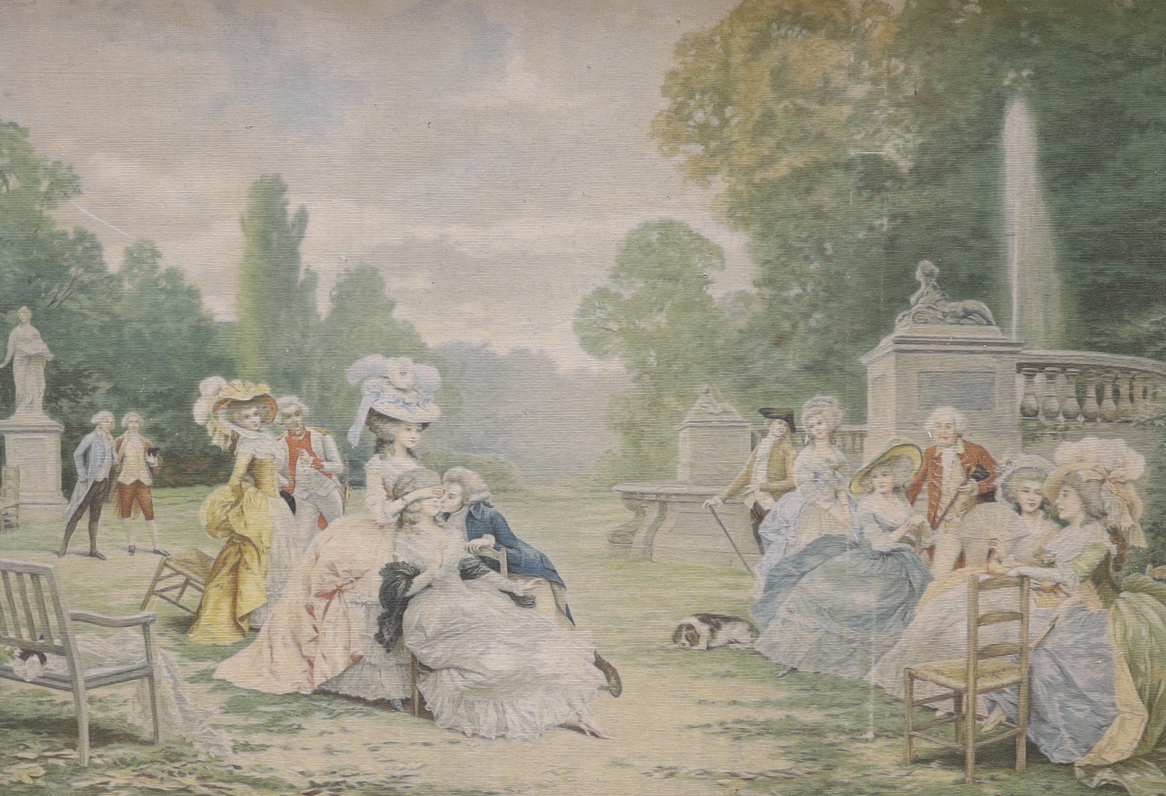A printed machined tapestry panel depicting ladies and gallants in parkland, 79 x 114cm - Image 2 of 4