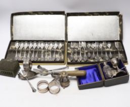 Assorted plated cutlery etc , including a cased travelling miniature Eucharist