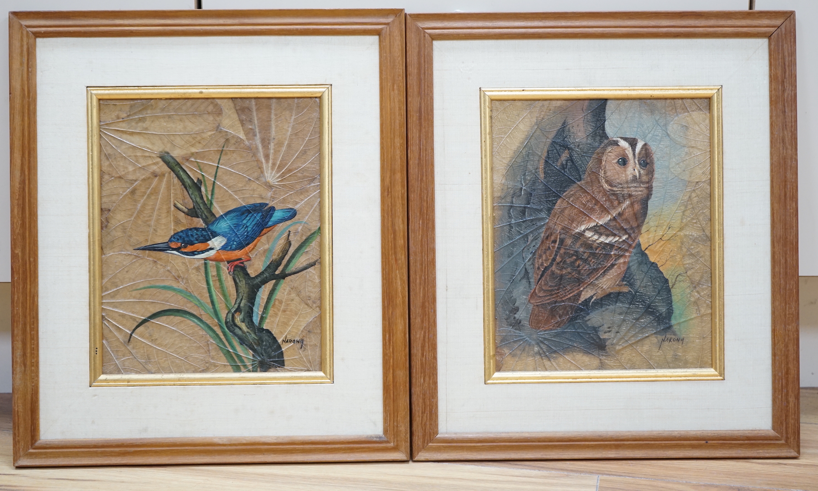 Narong, pair of Thai oil paintings on leaves, Kingfisher and Tawny owl, each signed, 24 x 20cm