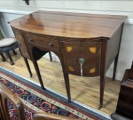 A George III style inlaid mahogany bow front sideboard, width 122cm, depth 65cm, height 91cm