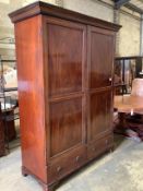 A George III style satinwood banded mahogany wardrobe, width 150cm, depth 61cm, height 201cm