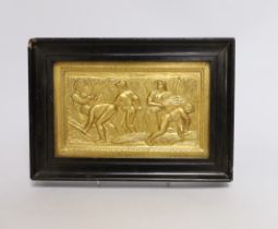 A 19th century giltwood and gesso panel of harvesters, 15 x 22cm