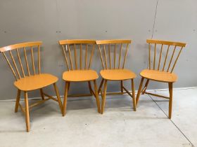 Four Danish painted beech stick back dining chairs