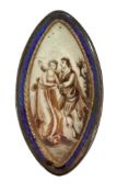 A Regency yellow metal and blue enamel mounted navette shaped pendant brooch, with inset ivory panel
