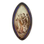 A Regency yellow metal and blue enamel mounted navette shaped pendant brooch, with inset ivory panel