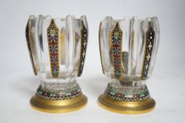 A pair of Barbedienne glass vases with champlevé enamel panels, 16.5cm high