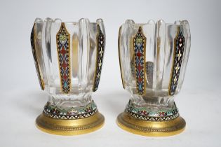 A pair of Barbedienne glass vases with champlevé enamel panels, 16.5cm high