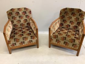 A pair of French Art Deco upholstered beech armchairs, width 62cm, depth 68cm, height 76cm