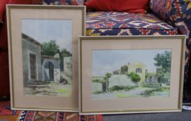 Greek school, pair of watercolours, Street scenes with villas, each signed, 26 x 41cm