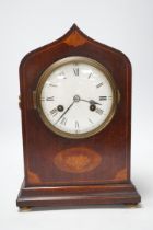 An Edwardian shell inlay mantel clock, 34cm high