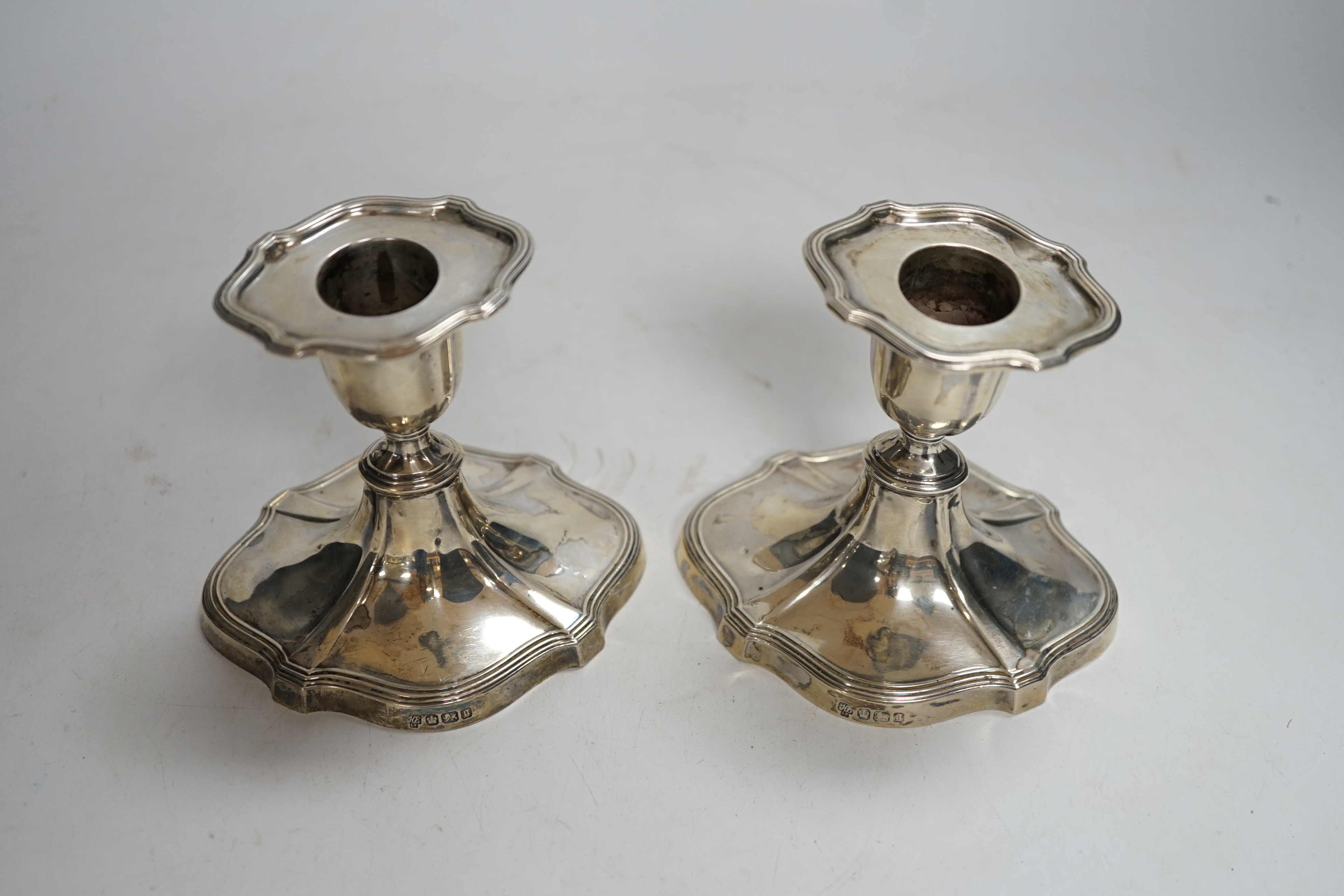 A pair of late Victorian silver mounted dwarf candlesticks, Hawksworth, Eyre & Co, Sheffield, - Image 3 of 5