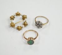 A 9ct gold and two colour sapphire cluster set dress ring, one other 9ct and opal ring and a 9ct