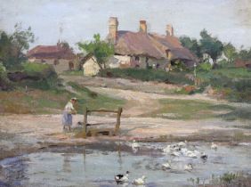 James Aumonier (1832-1911), impressionist oil on board, Rural landscape with farmhouse and duck