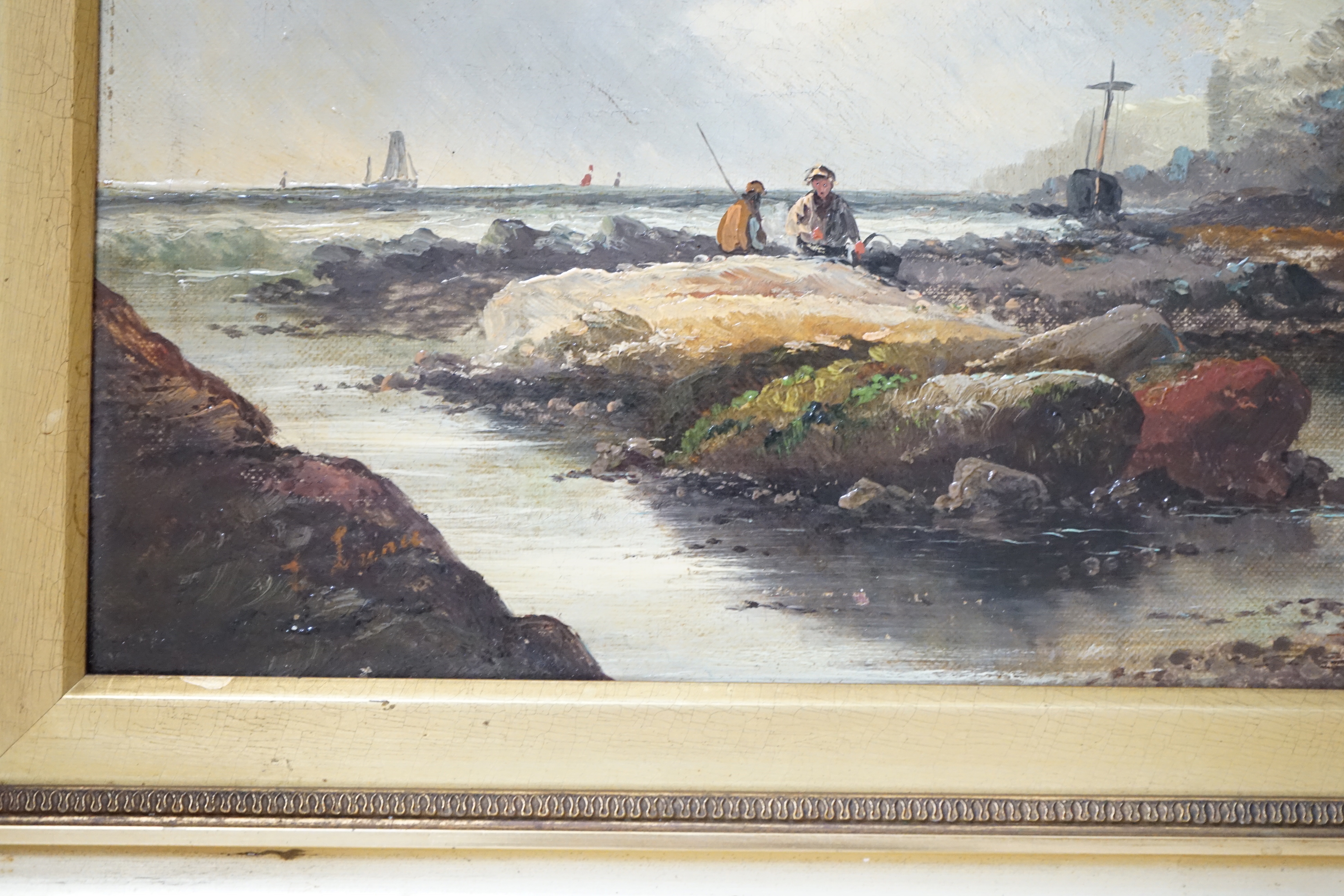 Late 19th/early 20th century school, oil on canvas, Coastal scene with figures collecting shellfish, - Image 4 of 6