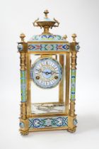 A champlevé four glass and brass mantel clock, with enamel dial, 45cm high