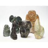 Six soapstone and marble carvings of Inuit figures, elephants, an Egyptian style cat, etc. tallest