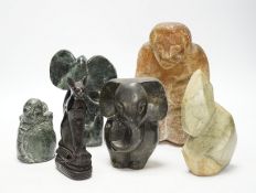 Six soapstone and marble carvings of Inuit figures, elephants, an Egyptian style cat, etc. tallest