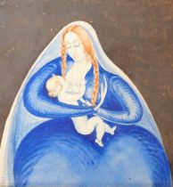 German School, watercolour on card, The Virgin and child, Karl Nagel label and indistinct ink