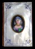 A mother-of-pearl and enamel portrait plaque case, 6cm x 9cm