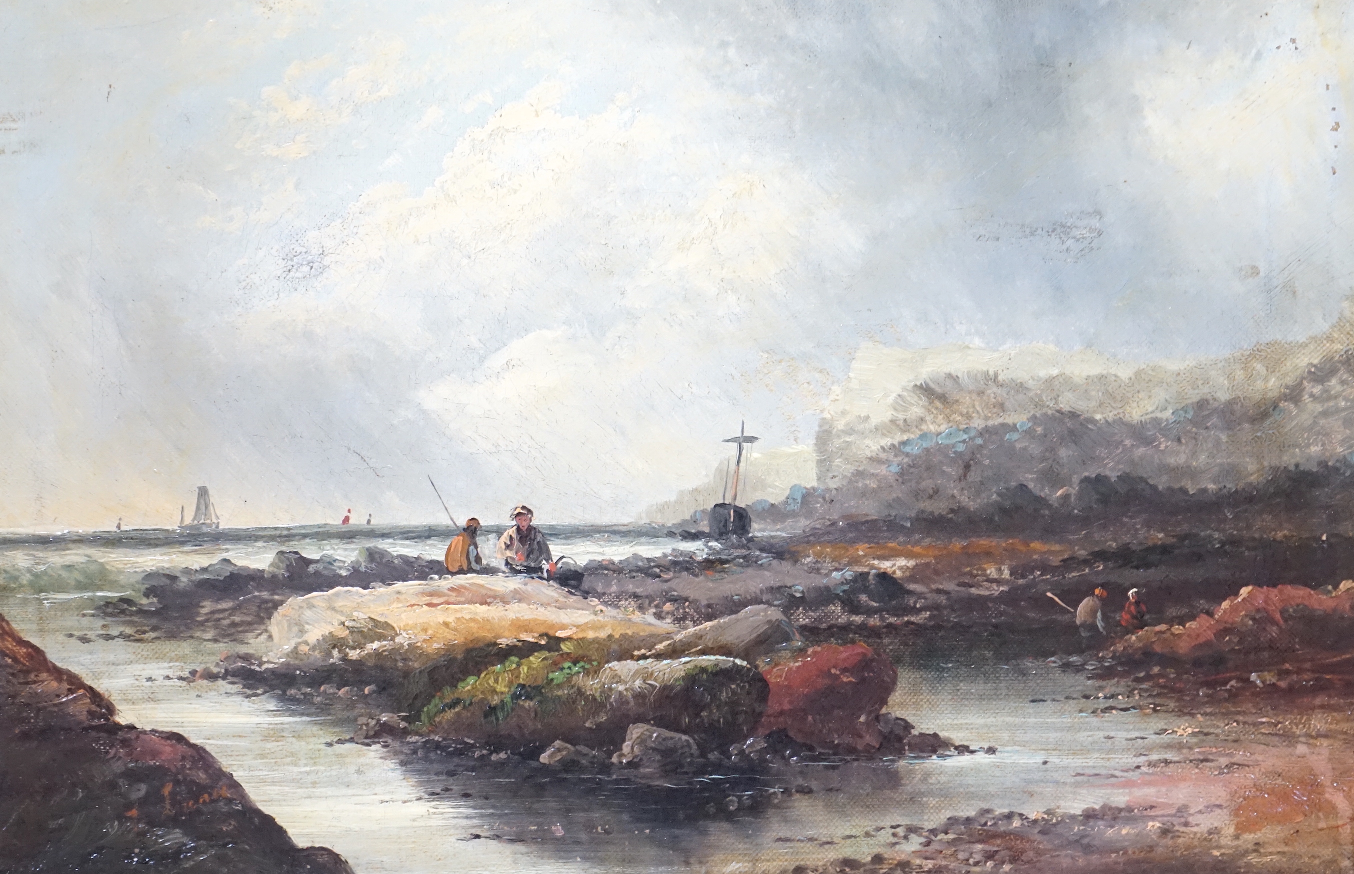 Late 19th/early 20th century school, oil on canvas, Coastal scene with figures collecting shellfish,