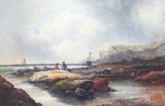 Late 19th/early 20th century school, oil on canvas, Coastal scene with figures collecting shellfish,