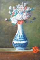 German School c.1990, oil on canvas, Still life of flowers in a Delft vase, indistinctly monogrammed