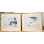 Japanese School, pair of watercolours, Birds amongst foliage, 20 x 25cm