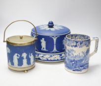 A Victorian Jasper ware cheese dome, a Wedgwood biscuit barrel and a transfer printed blue and white