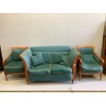 A Derwent Furniture Empire style caned mahogany three piece suite, settee width 167cm, depth 93cm,