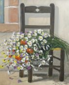 Marcel Georges Hue (b.1907), oil on canvas, Still life of flowers on a chair, signed, 63 x 53cm