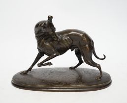 After Joseph Francois Chemin (1825-1901), a bronze study of a whippet, 21cm wide